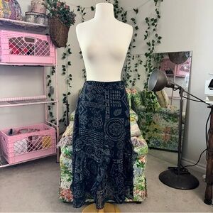 Coldwater Creek Navy Boho Patchwork Midi Skirt Ruffle Hem Cottagecore